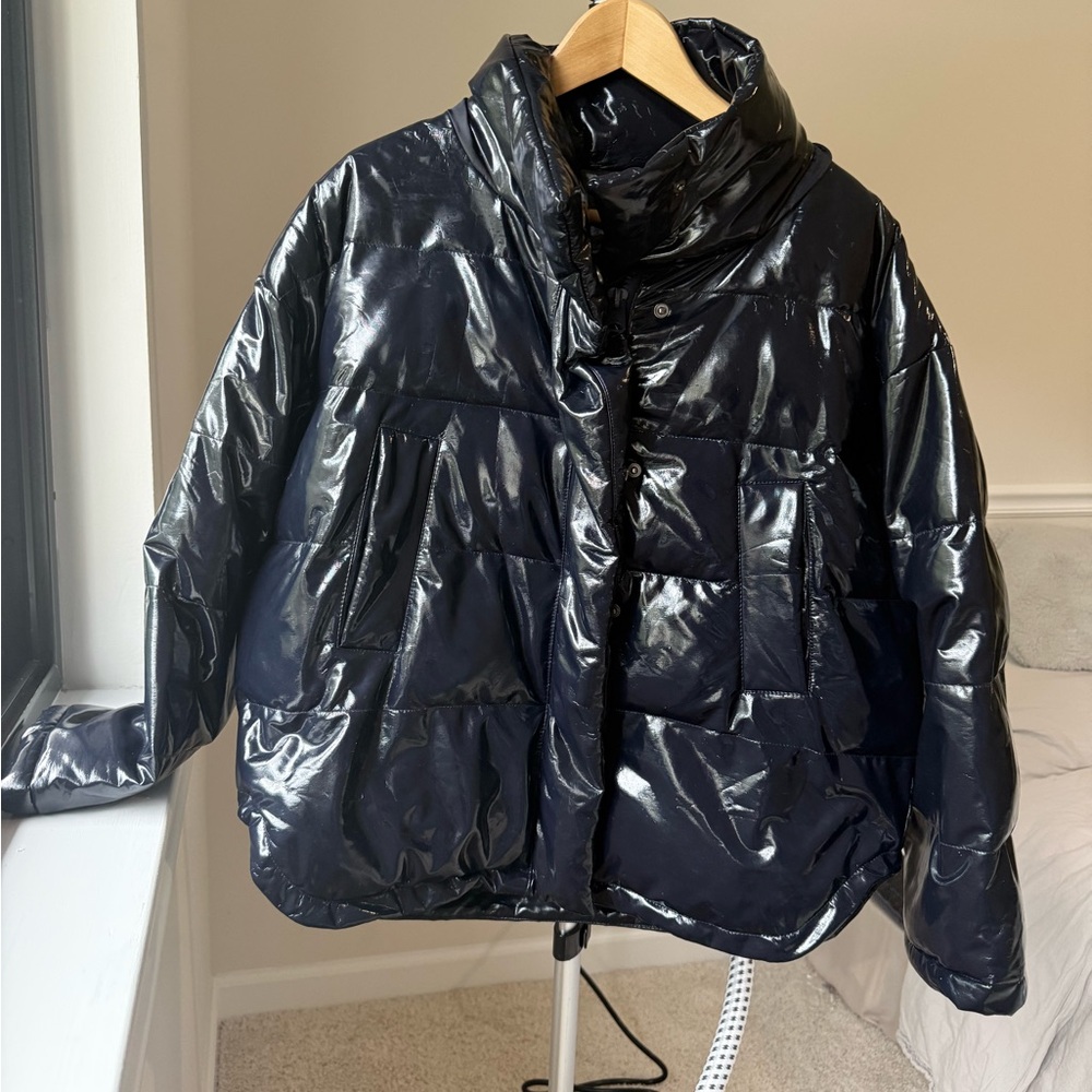Navy High-Shine Puffer Jacket - Women urban outfiters oversized
